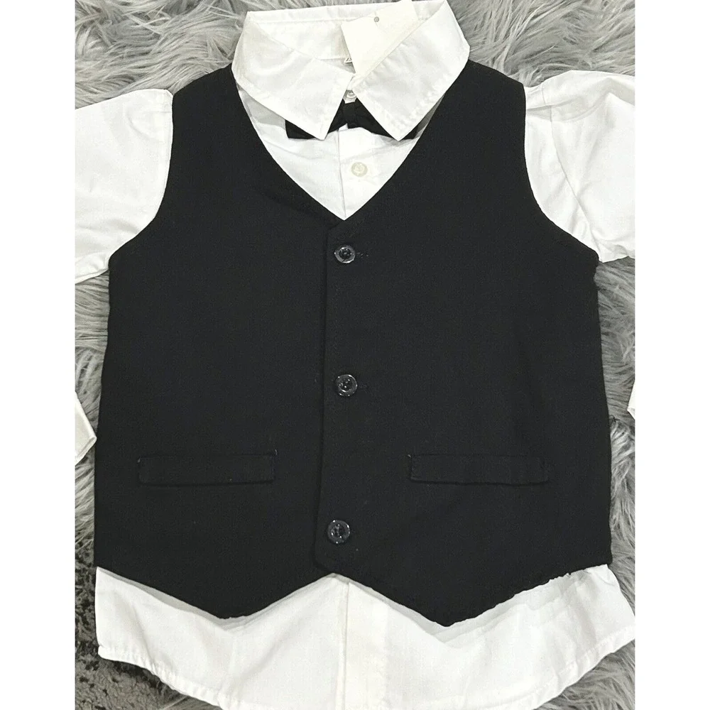 Boys 3 Piece Formal Wear‎ Top Set Size 5/6 Bow tie, Vest, Button Up Top
